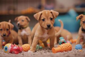 Hopeful group of puppies playing with donated toys in brightly lit playroom tails wagging as they learn social skills and receive affection photo
