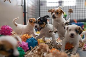 Hopeful group of puppies playing with donated toys in brightly lit playroom tails wagging as they learn social skills and receive affection photo