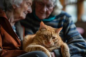 An elderly couple sitting quietly in designated visitation area petting calm and shelter cat on their laps photo