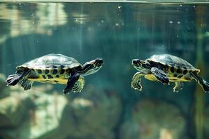 pair of rescued turtles swimming gracefully in large tank their movements serene and synchronized photo