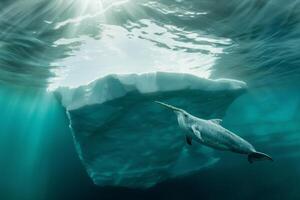 Intriguing Narwhal swimming gracefully beneath translucent iceberg with sun ray background Arctic waters serene underwater environment photo