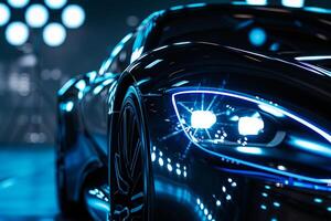 Nature of LED headlights and design elements of new hybrid car against dark background photo