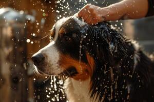 dog groomer showering large Bernese Mountain Dog with gentle praise and treats after thorough grooming session in spacious grooming studio with welcoming background photo