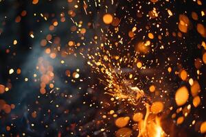 Vibrant Nature of sparks and flames bursting from blacksmiths forge capturing the energy and heat of metalworking photo