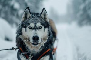 An Alaskan Malamute pulling sled through snowy nature background its keen eyes ed on the trail ahead with rugged snowy background photo