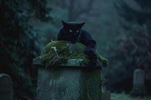 Conceptual Pet Black Cat Perched on MossCovered Gravestone in Moonlit Cemetery Background photo
