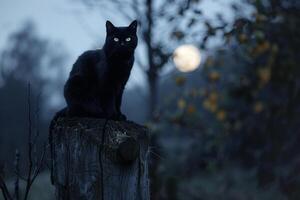Conceptual Pet Black Cat on Weathered Fence Post Under Full Moon Background photo