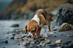 Conceptual Background Dog Play Curious Beagle Exploring Rocky Beach photo
