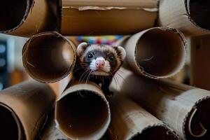 Conceptual Pet Playful Ferret Exploring Cardboard Tubes in Living Room Background photo
