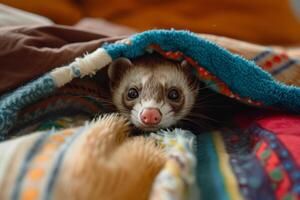 Conceptual Pet Whimsical Ferret Peeking Out from Under Blanket Fort in Playroom Background photo