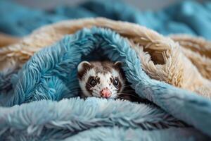 Conceptual Pet Whimsical Ferret Peeking Out from Under Pile of Blankets on Bed Background photo