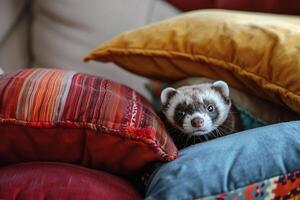 Conceptual Pet Whimsical Ferret Peeking Out from Colorful Pillows in Cozy Living Room Background photo