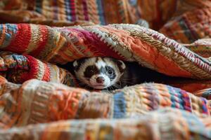 Conceptual Pet Whimsical Ferret Peeking Out from Under Blanket Fort in Childrens Playroom Background photo