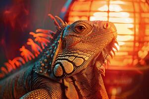 rescued iguanbasking under heat lamp in shelter scales shimmering with warmth and contentment Background photo