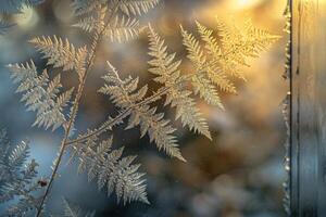 Patterns of Frost on Window Resembling Delicate Fern Leaf nature background photo