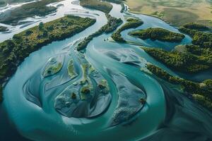 Aerial  of Winding River Delta Creating Intricate Patterns as It Flows Into the Ocean   nature background photo