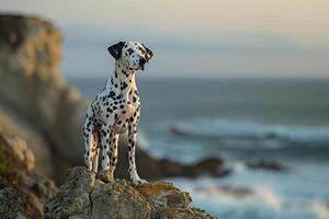 Dramatic Dalmatian Standing Proudly on Rocky Cliff Overlooking Crashing Waves Wind Blowing Through Its Spots Background and Nature photo