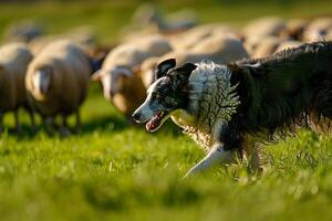 Dog Play Spirited Border Collie Herding Sheep on Green Pasture with Background photo