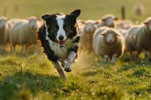 Dog Play Spirited Border Collie Herding Sheep on Green Pasture with Background photo