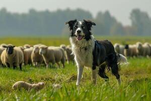 Dog Play Spirited Border Collie Herding Sheep on Green Pasture with Background photo