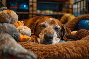 Senior dog with graying muzzle finding comfort in cozy bed at rescue shelter surrounded by toys photo