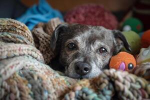 Senior dog with graying muzzle finding comfort in cozy bed at rescue shelter surrounded by toys photo