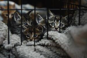 Kittens snuggled together in cozy crate at an animal shelter blankets providing warmth photo