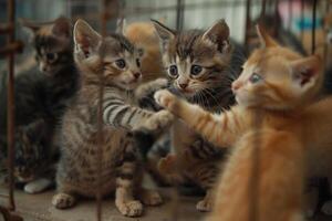group of kittens playing with each other in rescue shelter paws batting and tails twitching photo