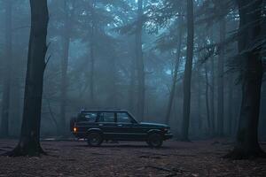 SUV Parked in Foggy Forest Clearing with Eerie Light Filtering Through Trees Background photo