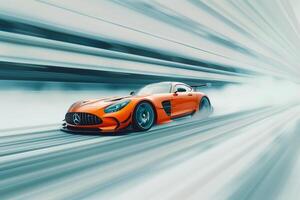 Sports Car Racing in Motion on White CycloramBackground Capturing the Thrill of HighSpeed Racing photo
