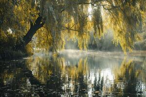 Peaceful riverside with willow trees their long leaves reflecting in the calm water nature background photo