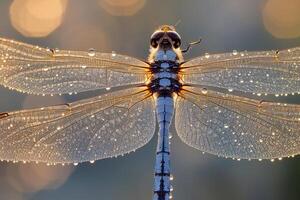 of sparkling dewdrops on wings of sleeping dragonfly photo