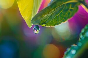 Nature of water droplet hanging from the edge of leaf refracting the surrounding garden in miniature with nature background photo