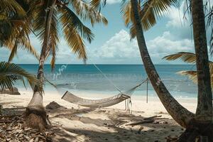 Beach with palm trees and hammock tied between two trees overlooking turquoise waters nature background photo