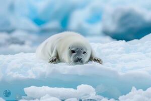 Harp seal pup resting on smooth ice floe its fluffy white coat contrasting with the blue hues of the Arctic ice photo