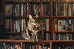 Regal Maine Coon Cat Sitting Proudly atop Bookshelf Overlooking Its Domain with Wise Gaze photo