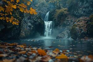 Waterfall nature background Thoughtful Contemplative  Framed by Autumn Leaves in a Forest photo