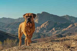 Dog Play Majestic Mastiff Trotting Proudly Along Mountain Trail Against  of Rugged Peaks and Clear Blue Sky photo