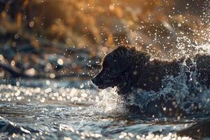 Dog Background Majestic Newfoundland Dog Splashing Joyfully in Clear Mountain Stream Droplets Catching the Sunlight in Sparkling Display photo
