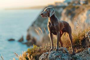 Dog Play Weimaraner Standing Regally on Cliff Overlooking the Sea Cool Ocean Breeze Ruffling Its Coat photo
