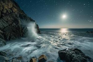 Long Exposure Ethereal Waves Crashing Against Ancient Weathered Rocks Under Starry Night Sky nature background photo