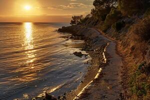 Seascape Sunlight Creating Golden Path on the Calm Surface of Secluded Bay nature background photo