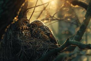 Sunlight Filtering Through Branches Around Nesting Pair of Owls with nature background photo