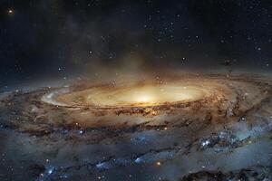 Grandeur Andromeda Galaxy in panoramic nature background  showcasing its spiral arms and billions of stars photo
