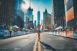Inspirational nature background Fitness and Exercise Achieving Marathon Runner Crossing the Finish Line in City Marathon photo