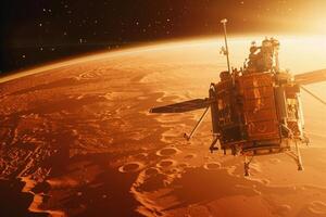 Interstellar Background Space Exploration Exploration Spacecraft Orbiting Mars Capturing Panoramic of the Red Planet photo