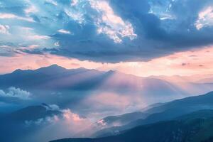 Landscape nature background Majestic patterns of clouds and sunlight over mountain range at sunset creating dramatic colors and shadows photo