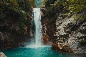 Landscape nature background Majestic waterfall plunging down rocky cliff into turquoise pool below surrounded by lush greenery photo
