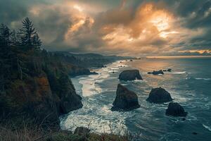 Rugged Coastal Cliffside with Sestacks and Crashing Waves Under Dramatic Cloudy Sky nature background photo