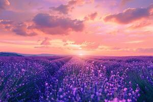 Lavender Field at Sunset with Vibrant Nature and nature background Sky photo